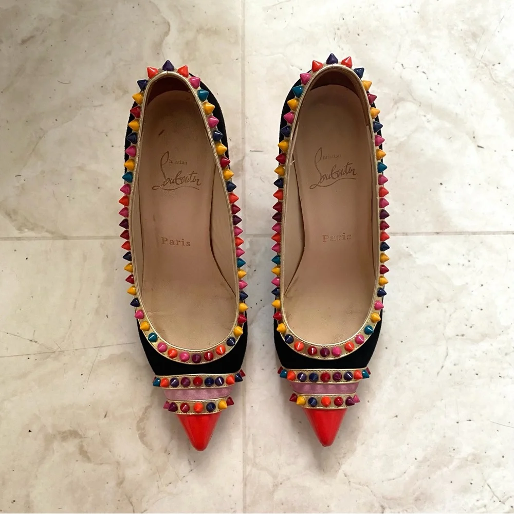 $1,095 Christian Louboutin Black Suede Leather Malabar Hill Spiked Pumps Heels 7